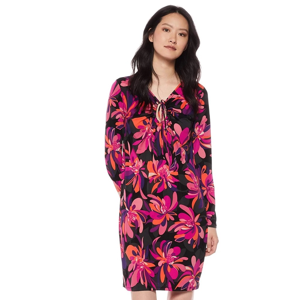 Trina Turk Electric Cutout Jersey Dress Vacation Groovy Retro 70s Long Sleeve